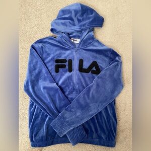 Fila Blue Velour Half-Zip Hoodie with Black Logo